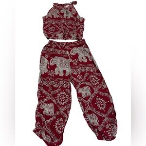 Elephant Print Halter Crop Top & Harem Pants Set - Boho Style- PatPat-3-4 year